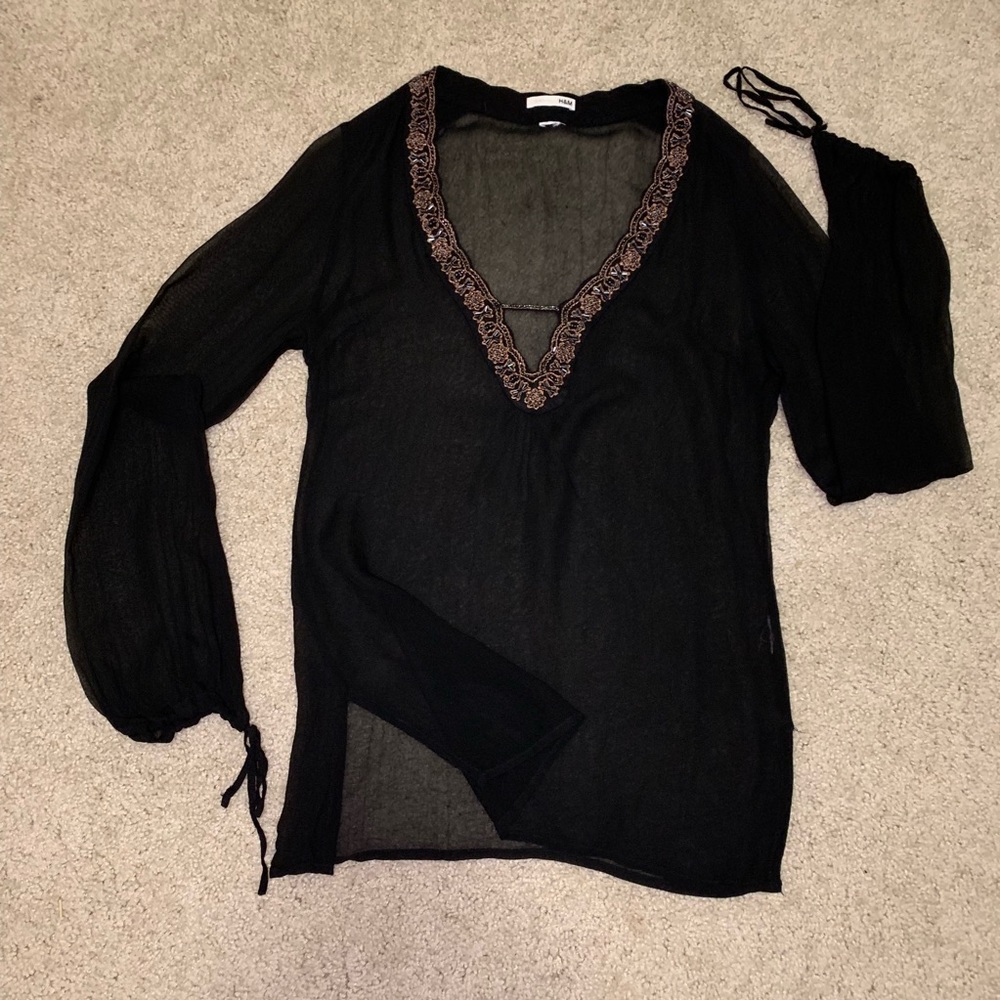 H&M - sheer tunic w/ beaded neckline & tie sleeves
